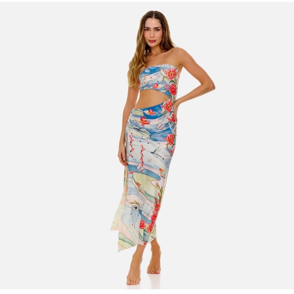 Agua Bendita Dresses & Skirts - Agua Bendita Gwen Nacar Midriff Cut Out Bandeau Resort Long Swimwear Dress Nwt